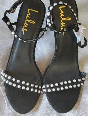 Lulu's Black Pearl-Embellished Strappy Heels